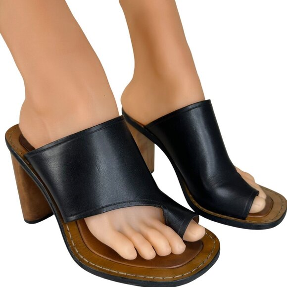 Celine Toe Ring High Heel Leather Slides Sandals Size US 7.5 EU 37 Black Brown - Picture 1 of 15